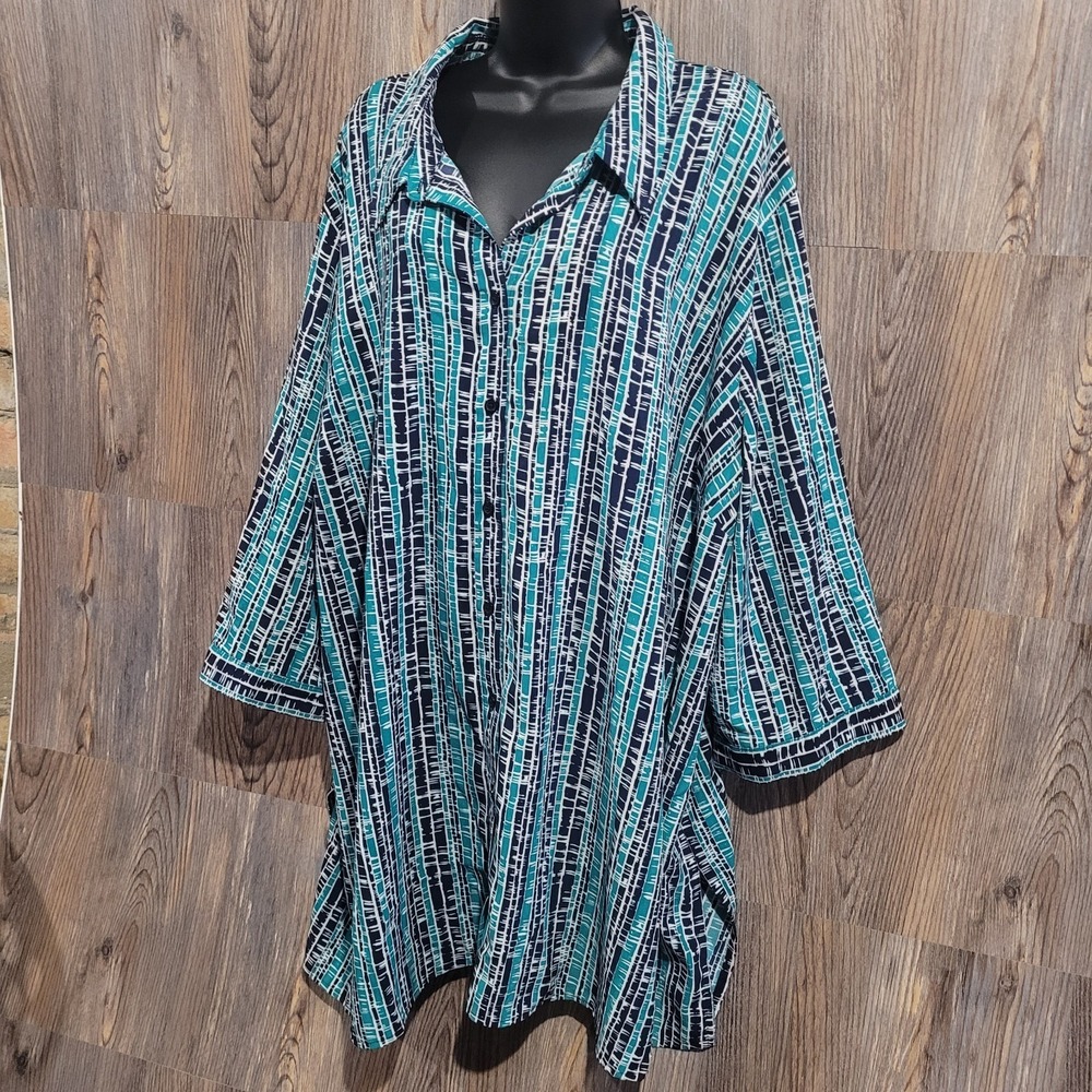 Catherines Button Front Geometric Blouse Top Plus Size 4X Green/Dark Blue - Picture 3 of 10